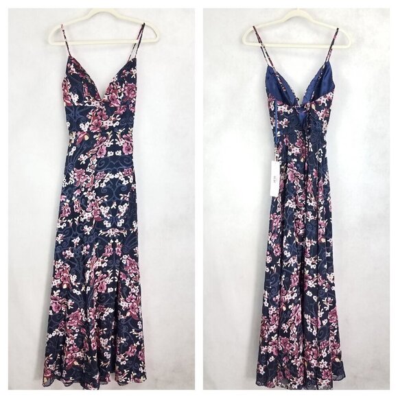 NEW Platinum Label Size 8 Long Maxi Navy Floral Dress High Leg Cut/Slit NWT $399 - Picture 1 of 9